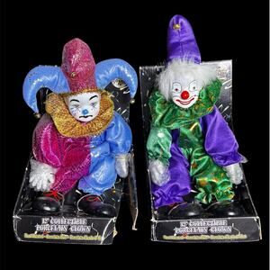 Two Vintage 1980s 12" Hand Painted Collectible Porcelain Clowns Jesters Dolls